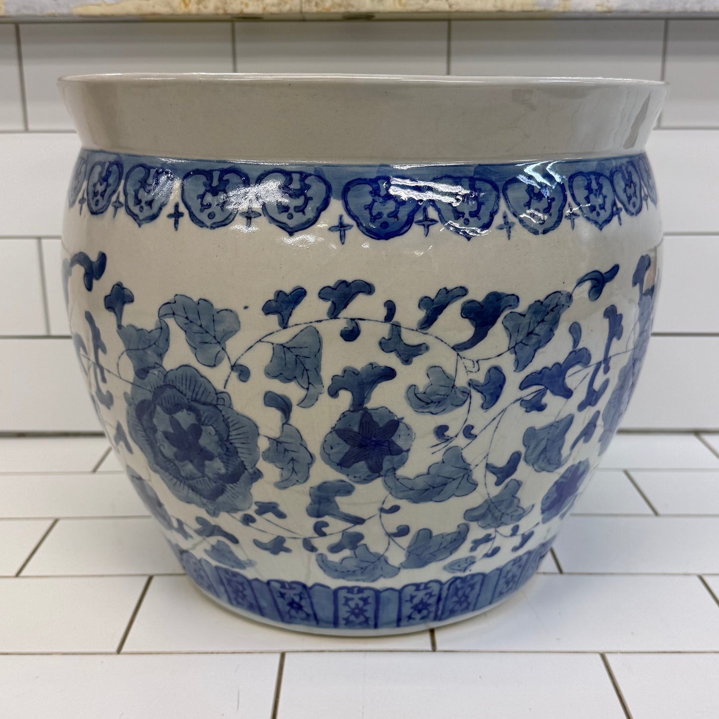 Chinoiserie Blue White Ceramic Planter Cachepot Floral Pot