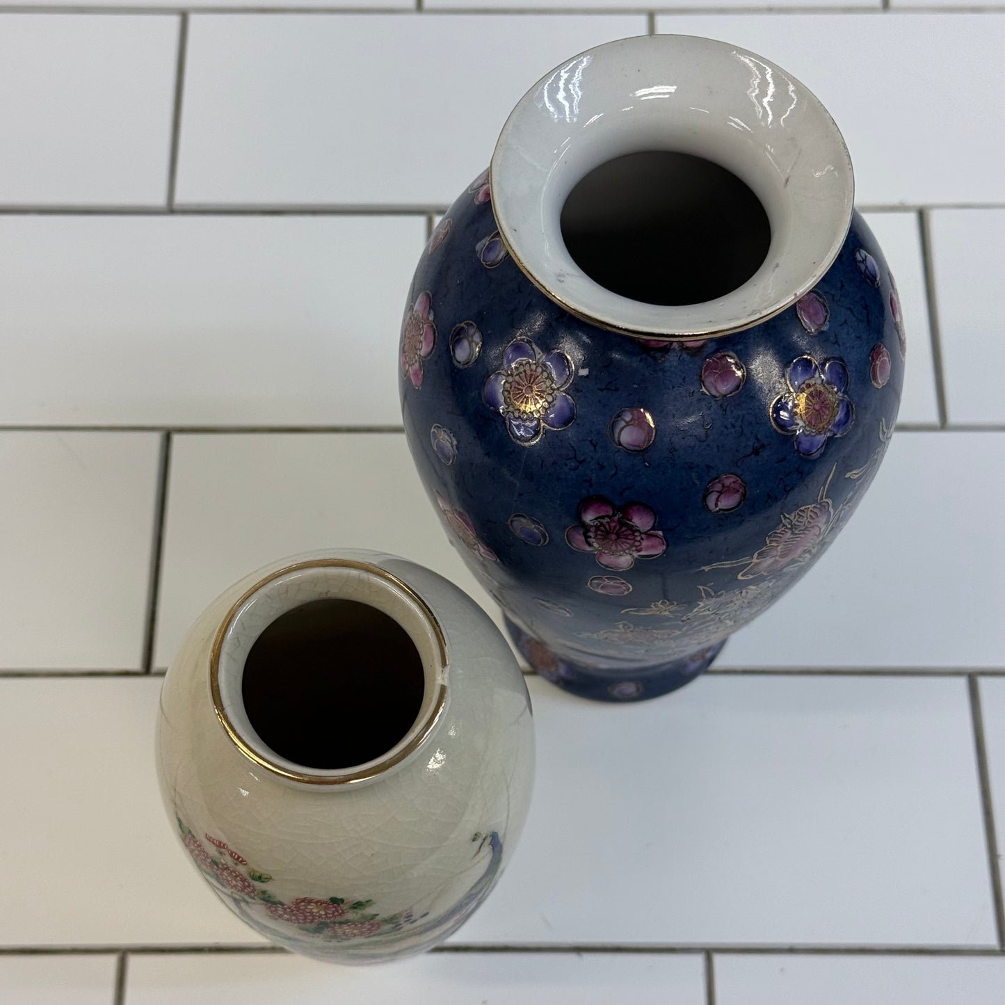 Porcelain Peacock & Floral Vases Set of 2