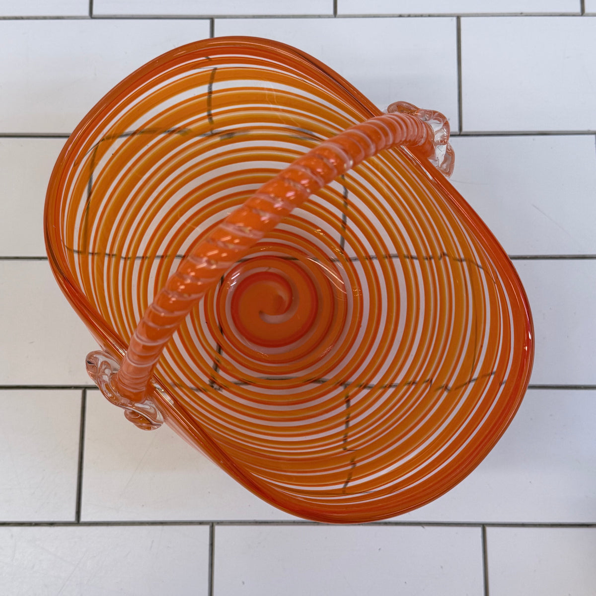 Orange Spiral Hand Blown Art Glass Basket with Handle