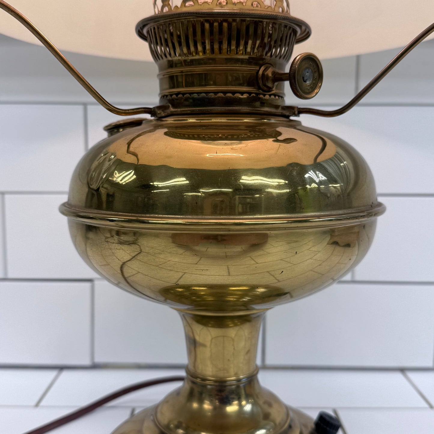 KYSO Brass Electric Hurricane Lamp Glass Shade 1950s