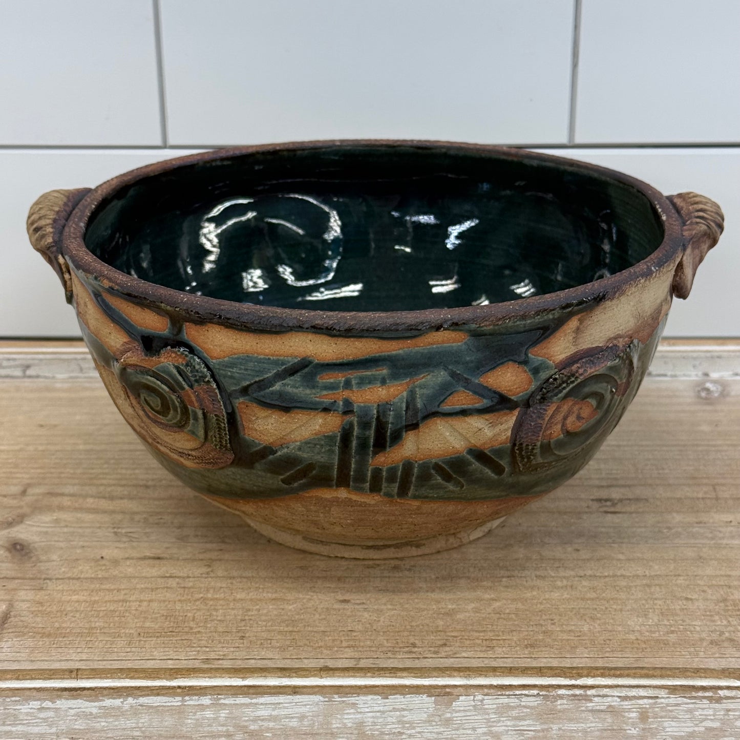Studio Art Pottery Spiral Handled Bowl, Signed, Glazed Stoneware