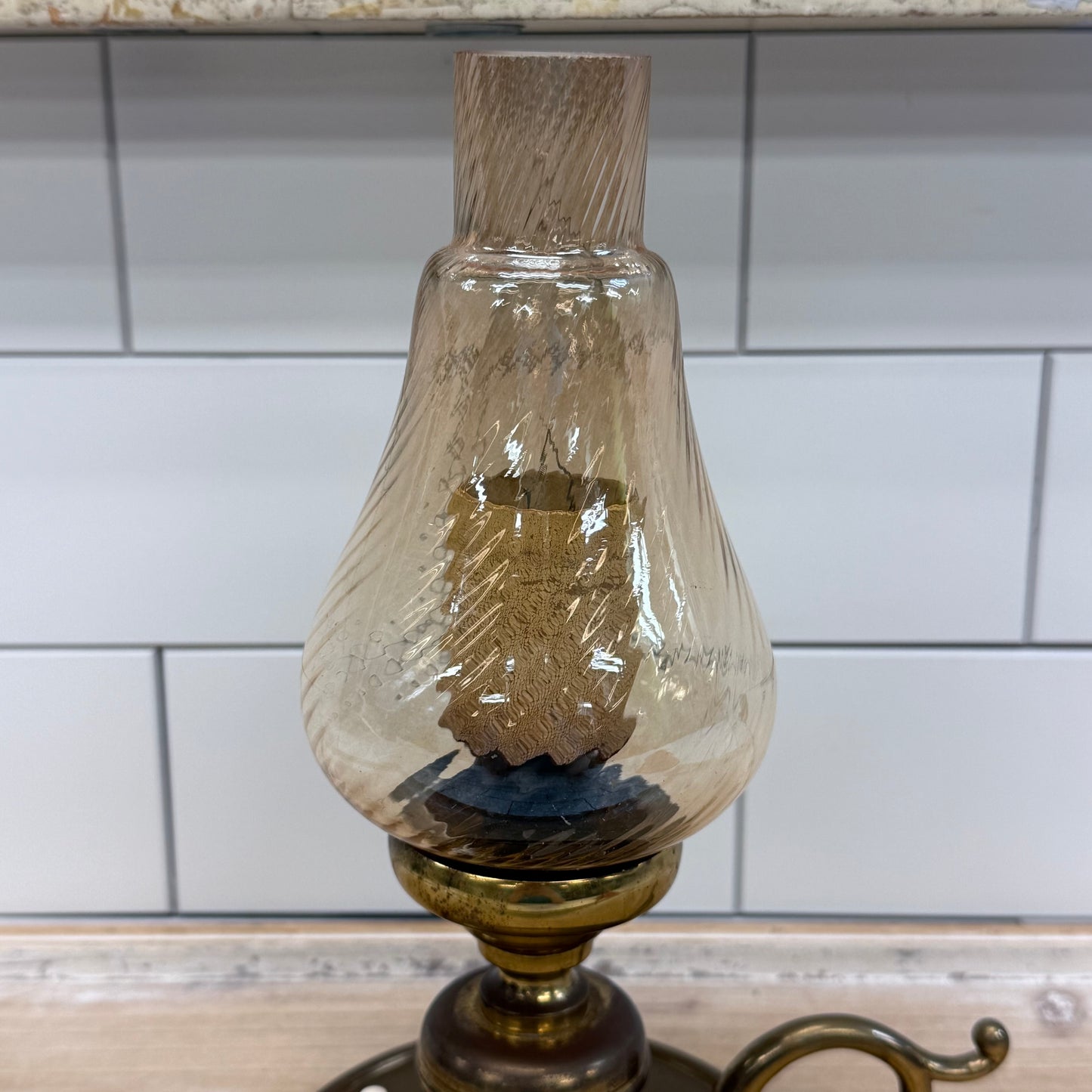 Brass Hurricane Lamp Gingham Shade Farmhouse