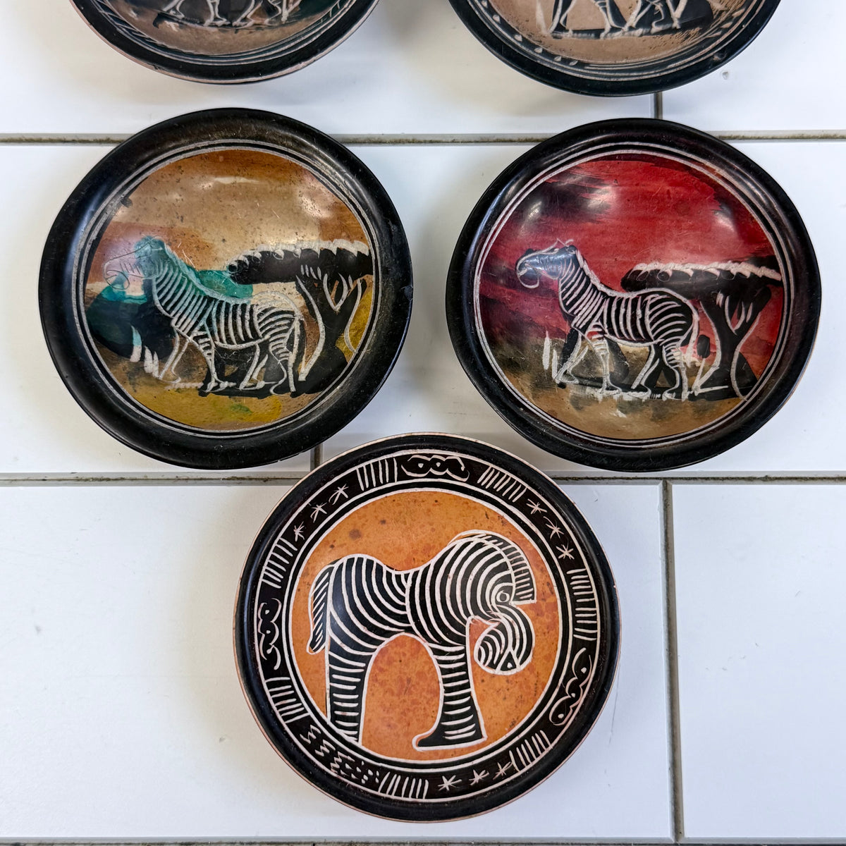 African Kisii Soapstone Zebra Trinket Dishes Set of 7