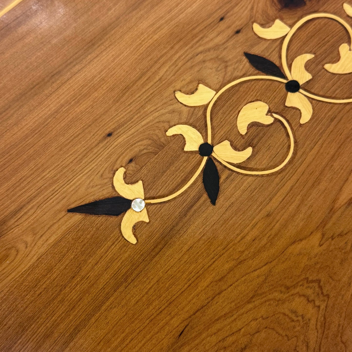 Marquetry Inlaid Wooden Serving Tray with Handles