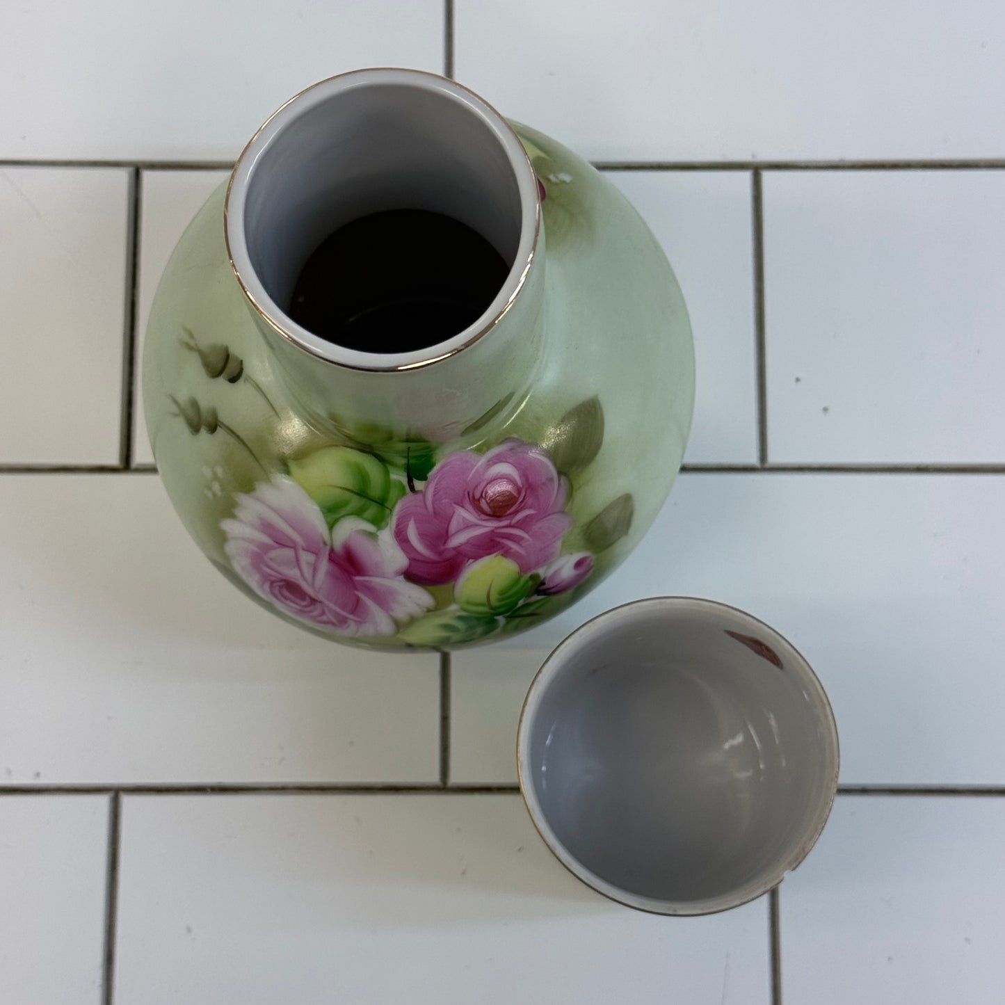 Lefton Heritage Green Rose Bedside Carafe & Cup 1950s-1960s