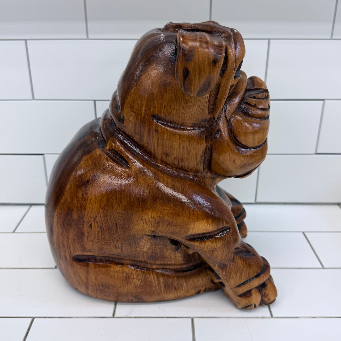 Hand Carved Wooden Bulldog Statue Vintage Hardwood 11”