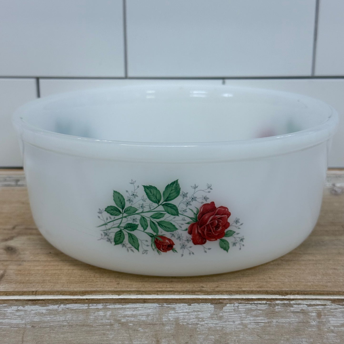 Arcopal France Rose Floral Milk Glass Serving Bowl 1970s