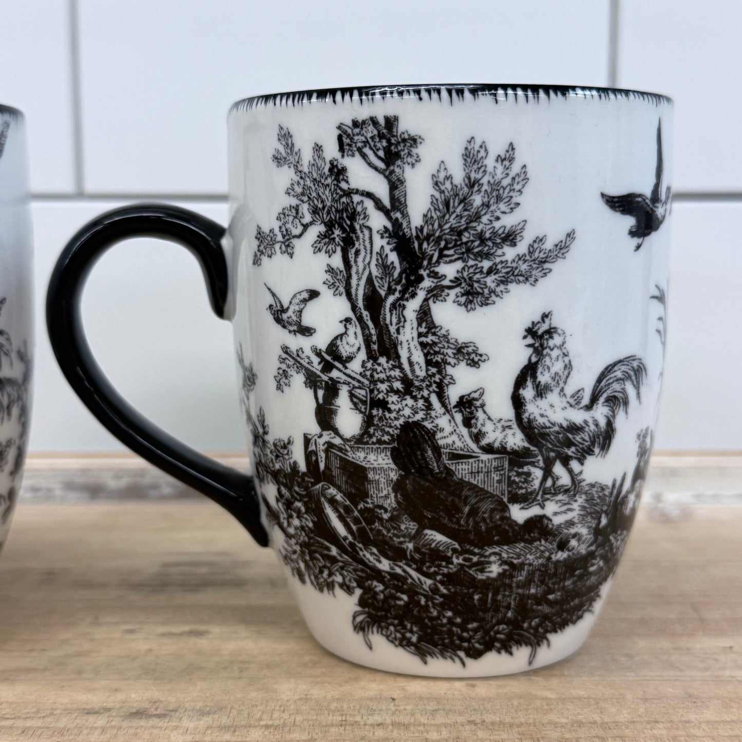 Aux Au Provence Rooster Toile Mugs Set of 2 Ceramic