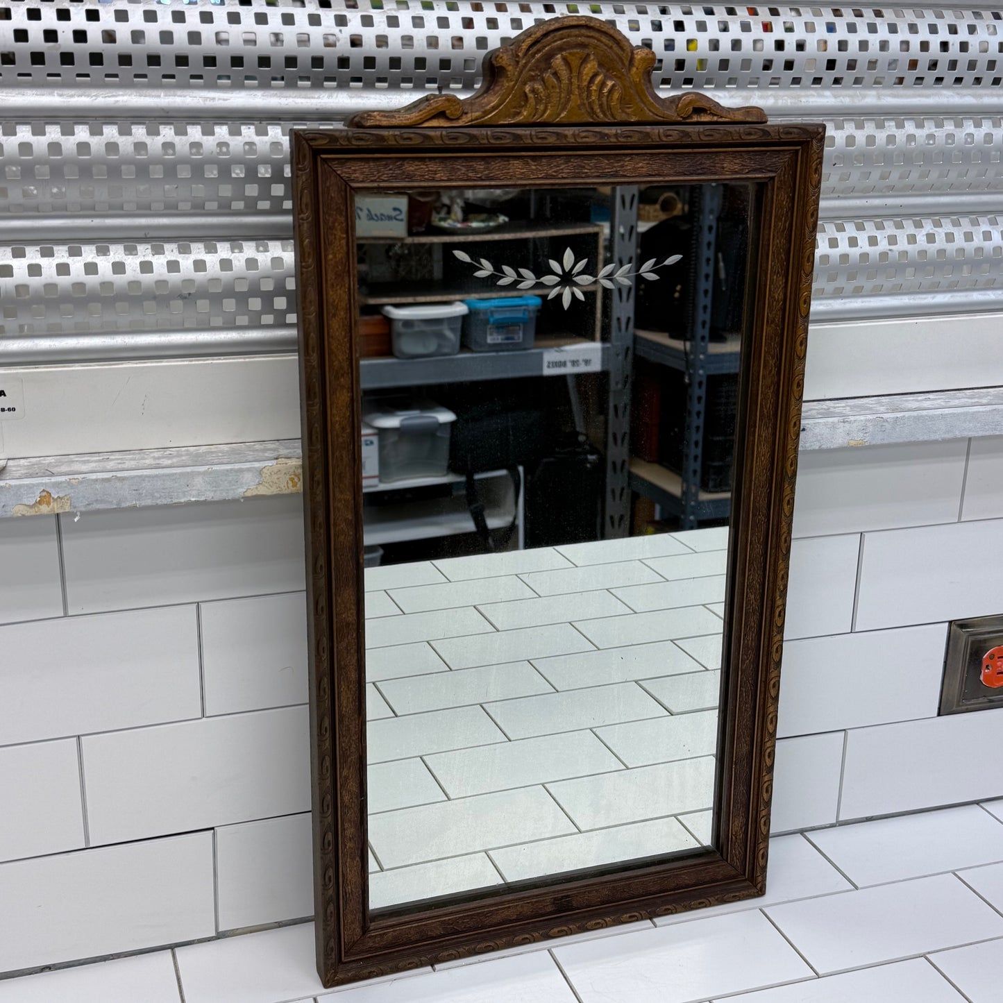 Colonial Revival Etched Glass Wood Wall Mirror 1940s