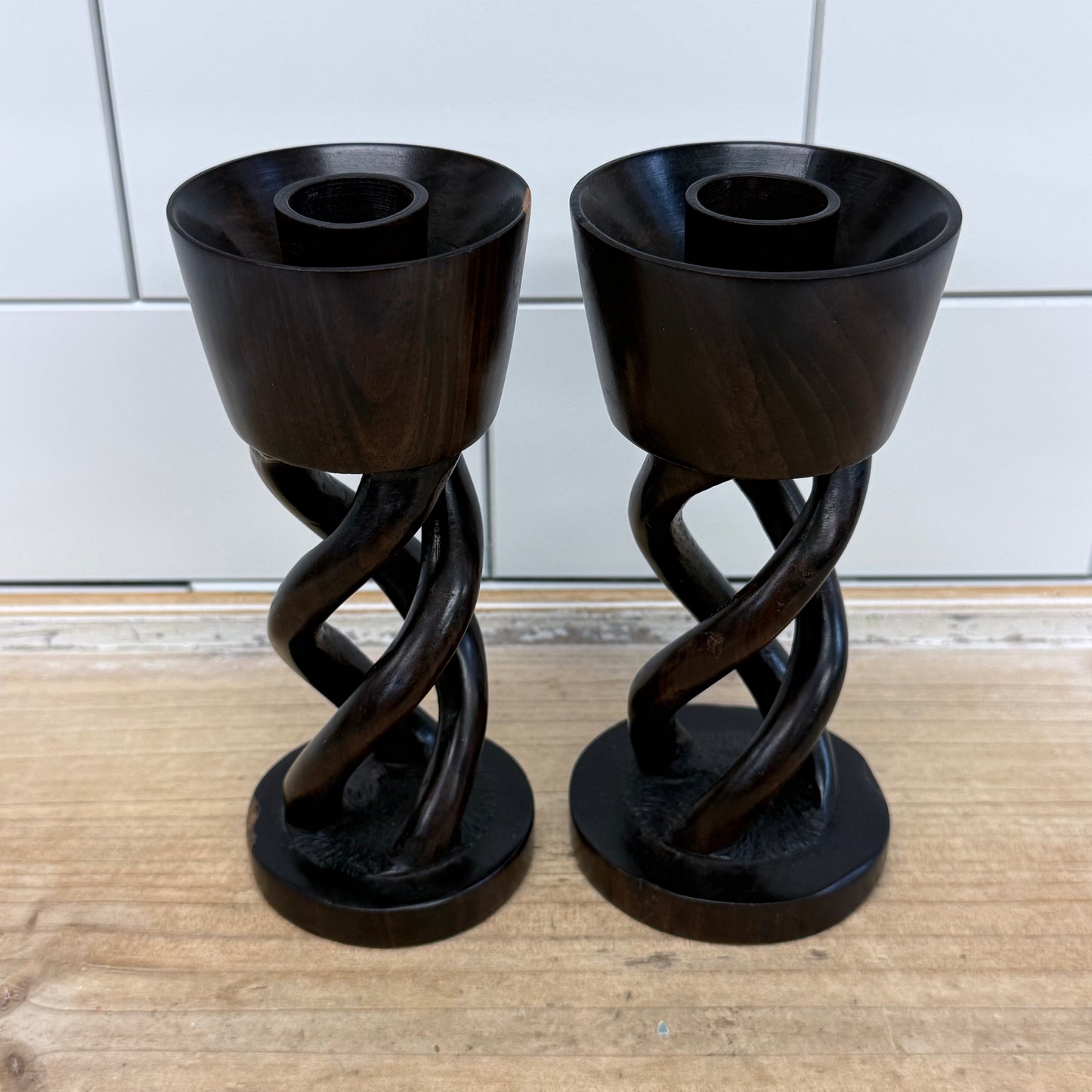Hand Carved Twisted Helix Wood Candlestick Holders, Set of 2