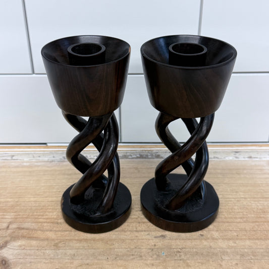 Hand Carved Twisted Helix Wood Candlestick Holders, Set of 2
