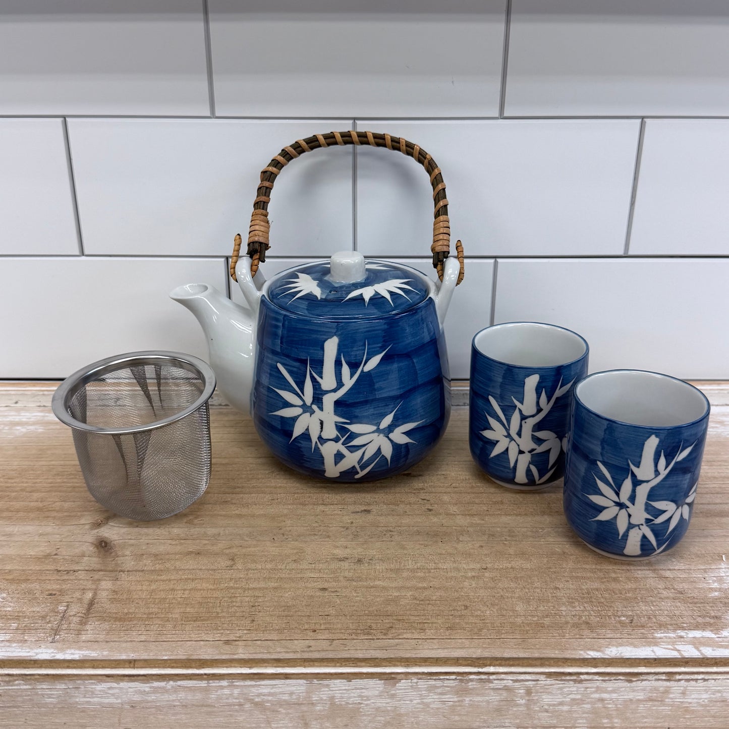 Blue Bamboo Porcelain Teapot Tea Set with Infuser & 2 Cups