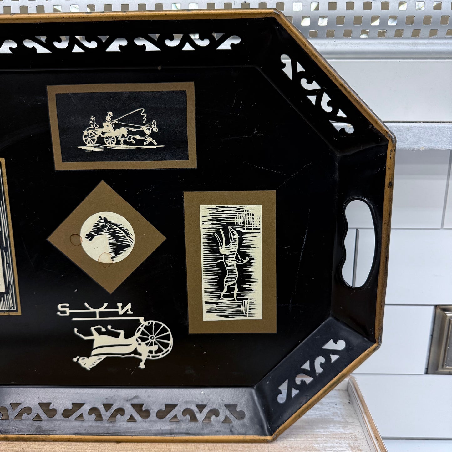 Art Deco Toleware Tray, Horse Motif