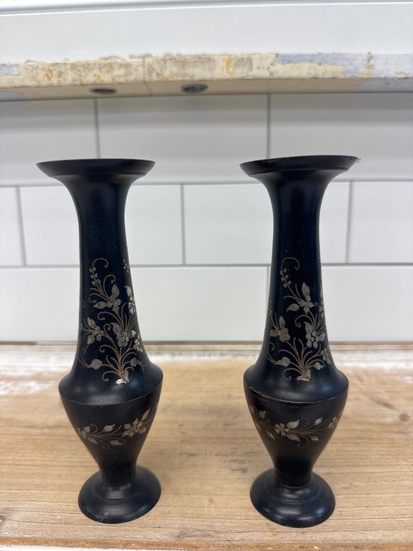 Brass Enamel Vase & Ewer Etched Set of 7 Mid-Century 1960s