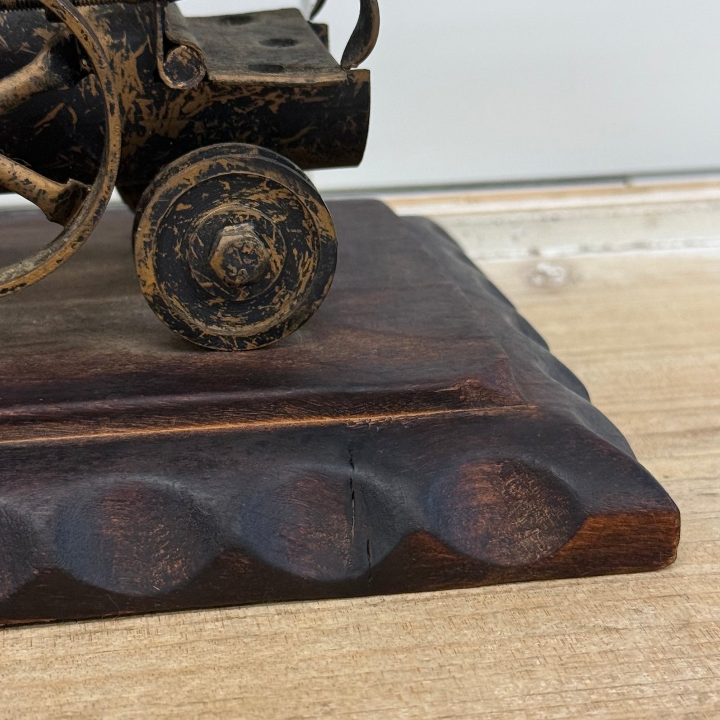 Steam Locomotive Metal Sculpture on Carved Wood Base