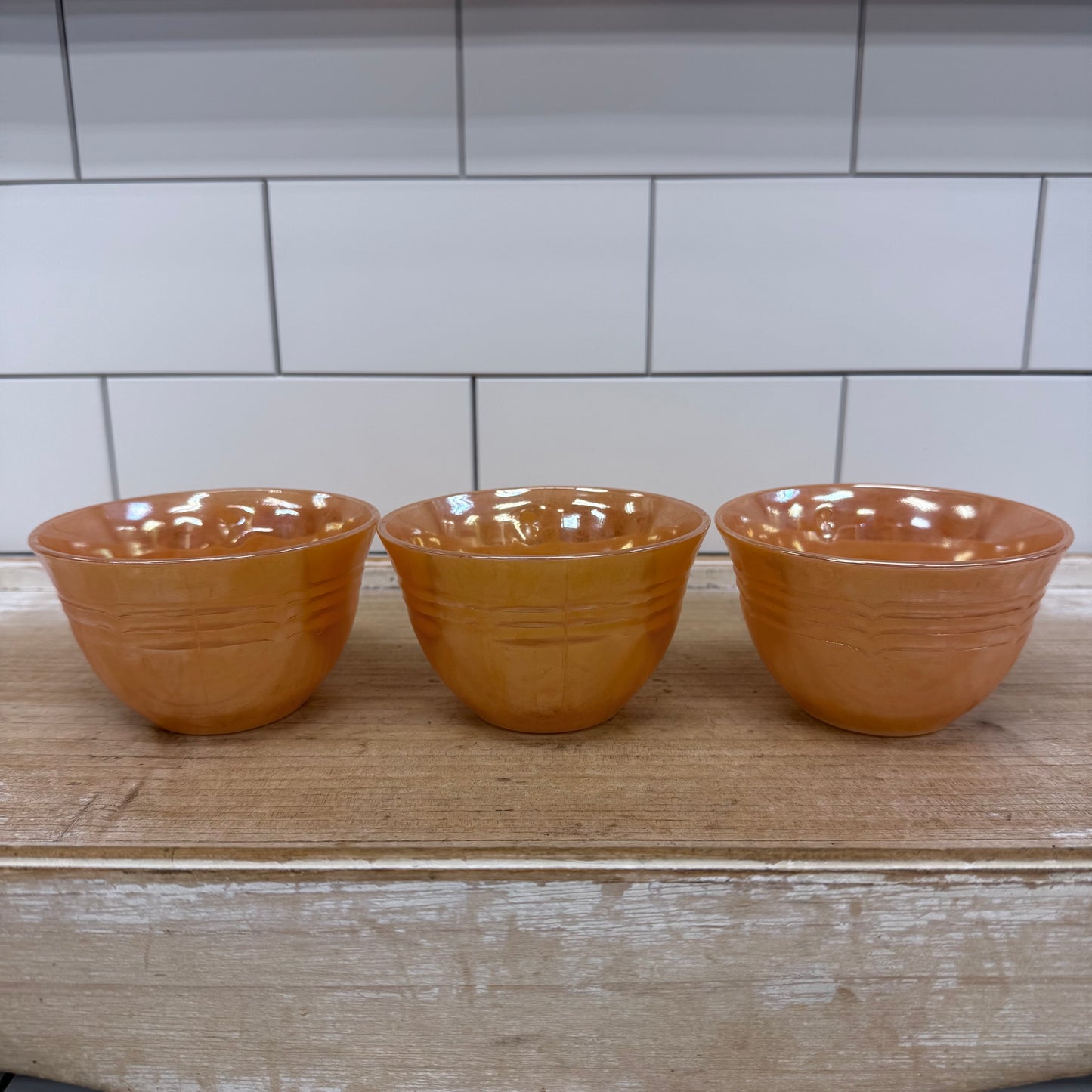 Fire King Peach Lustre Jane Ray Teacups Saucers Set of 3