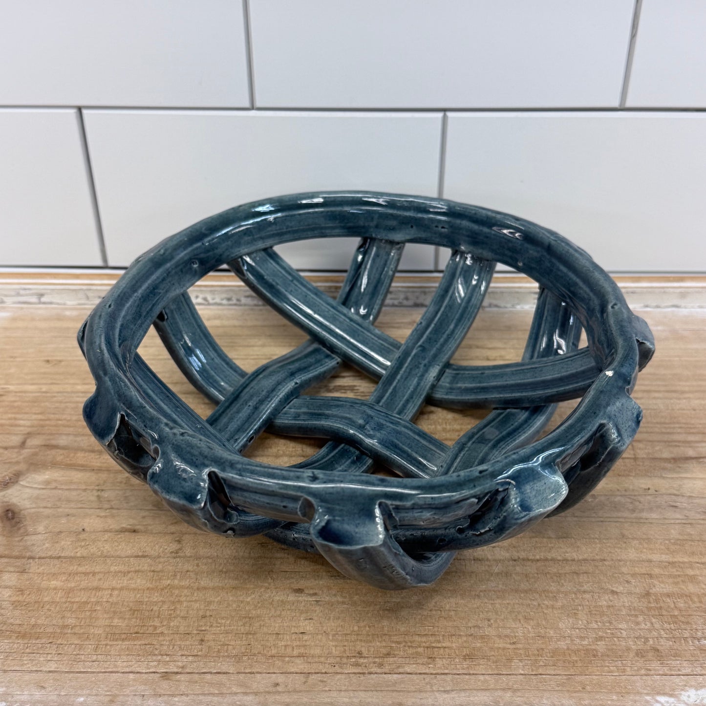 Studio Art Pottery Open Lattice Ceramic Bowl Blue Gray