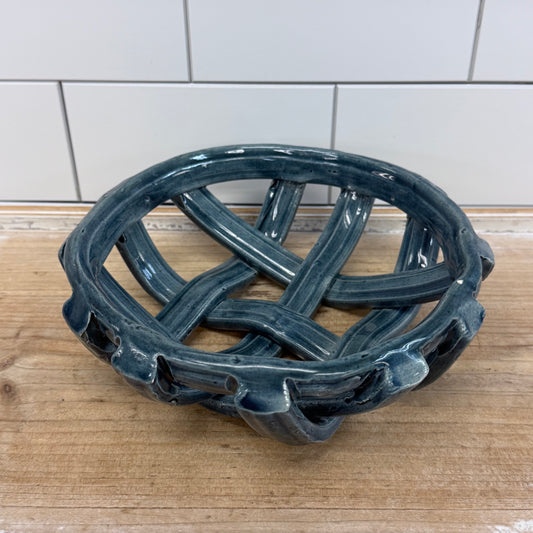 Studio Art Pottery Open Lattice Ceramic Bowl Blue Gray