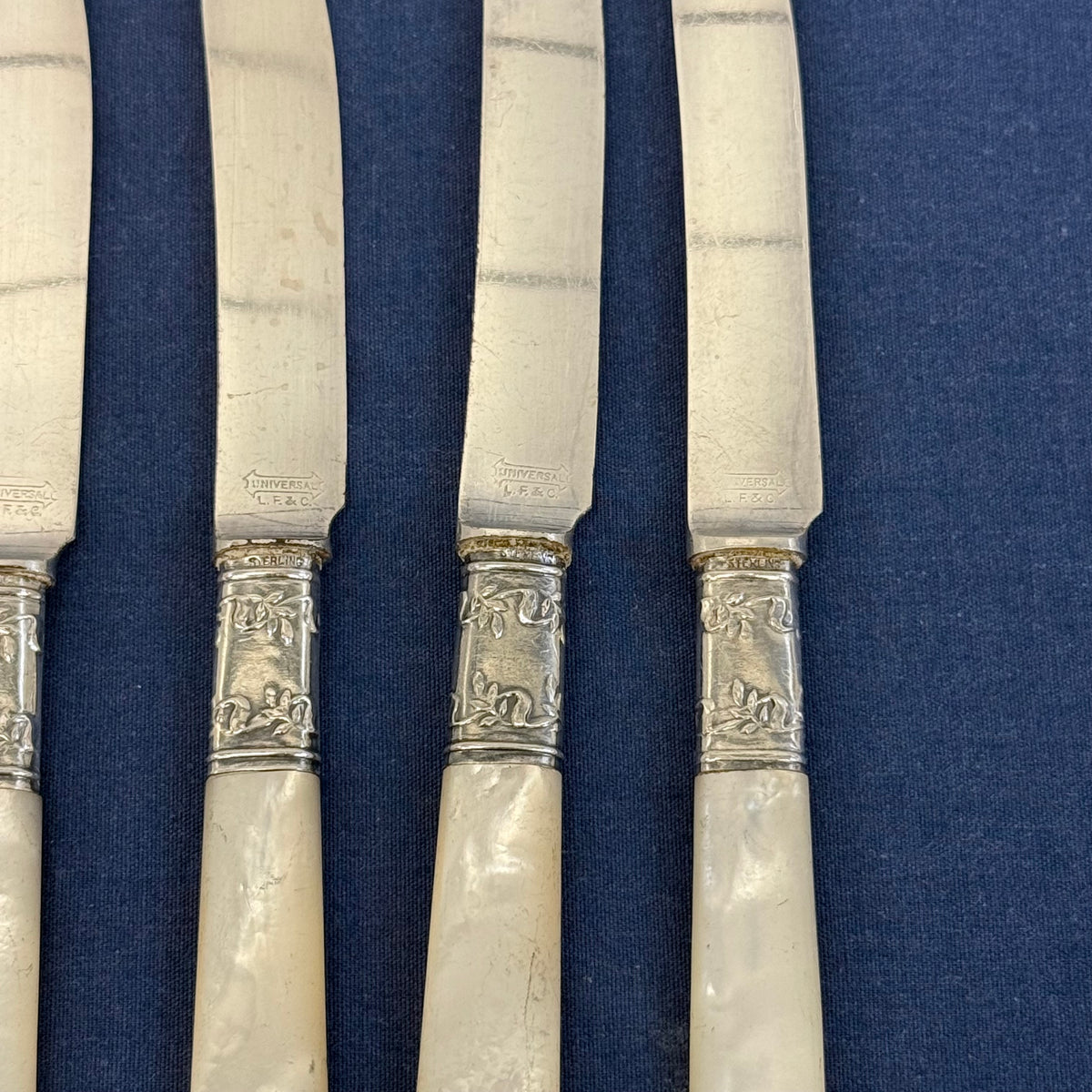 L.F.& C. Mother of Pearl Fruit Knives & Cake Server Set 1890s