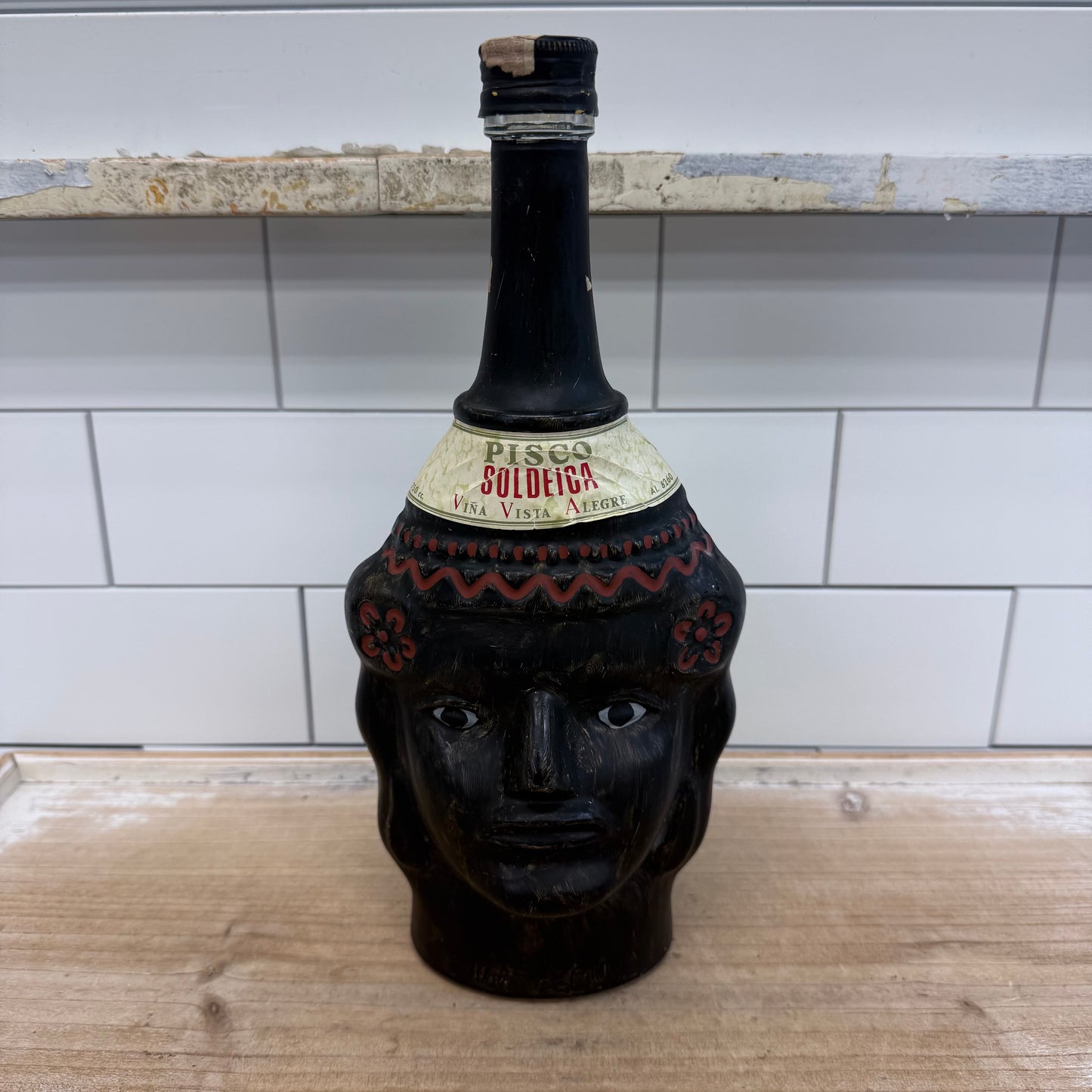 Pisco Soldeica Peru Figural Pisco Bottle Hand Painted Glass 1980s