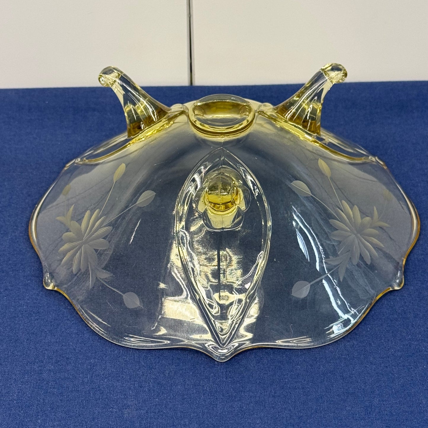 Lancaster Jubilee Amber Etched Floral Tripod Glass Bowl 1930s