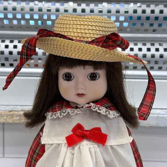 Musical Porcelain Doll in Plaid Dress with Stand & Music Box