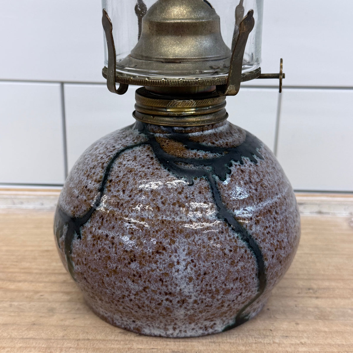 Stoneware Oil Lamp with Chimney Rustic Cottage Decor