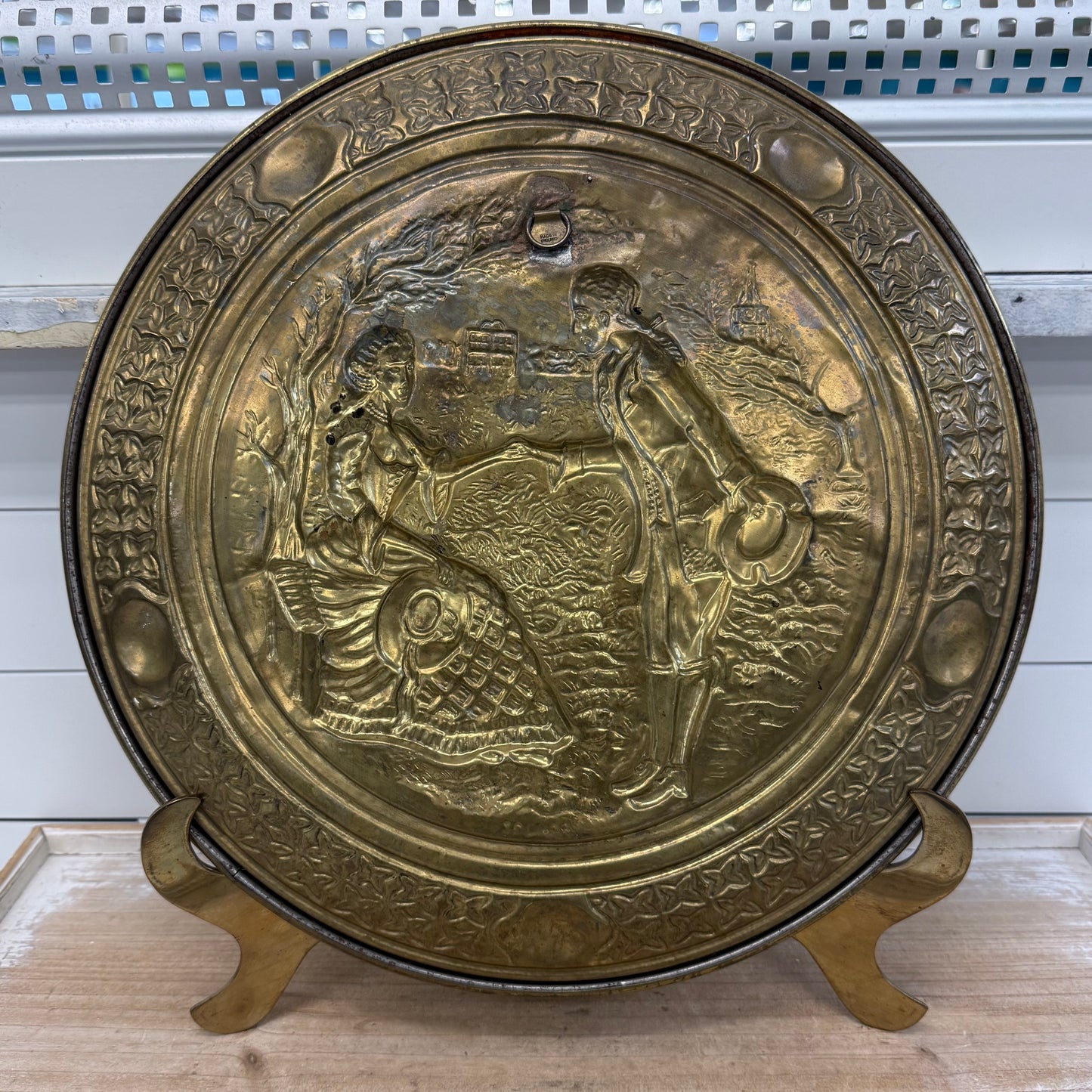 Embossed Brass Wall Plates with Display Easels Set of 2