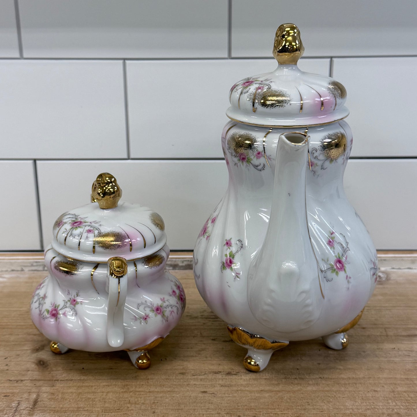 Lefton Heirloom Rose Teapot & Sugar Bowl Porcelain