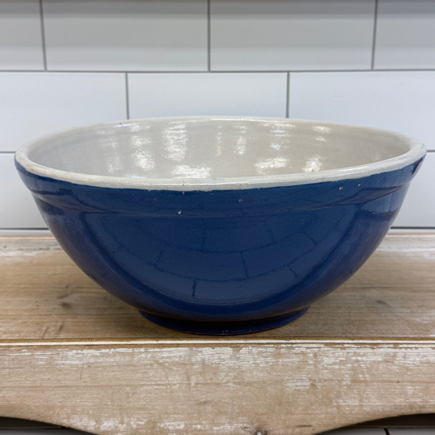 Blue White Stoneware Farmhouse Mixing Bowl 1950s