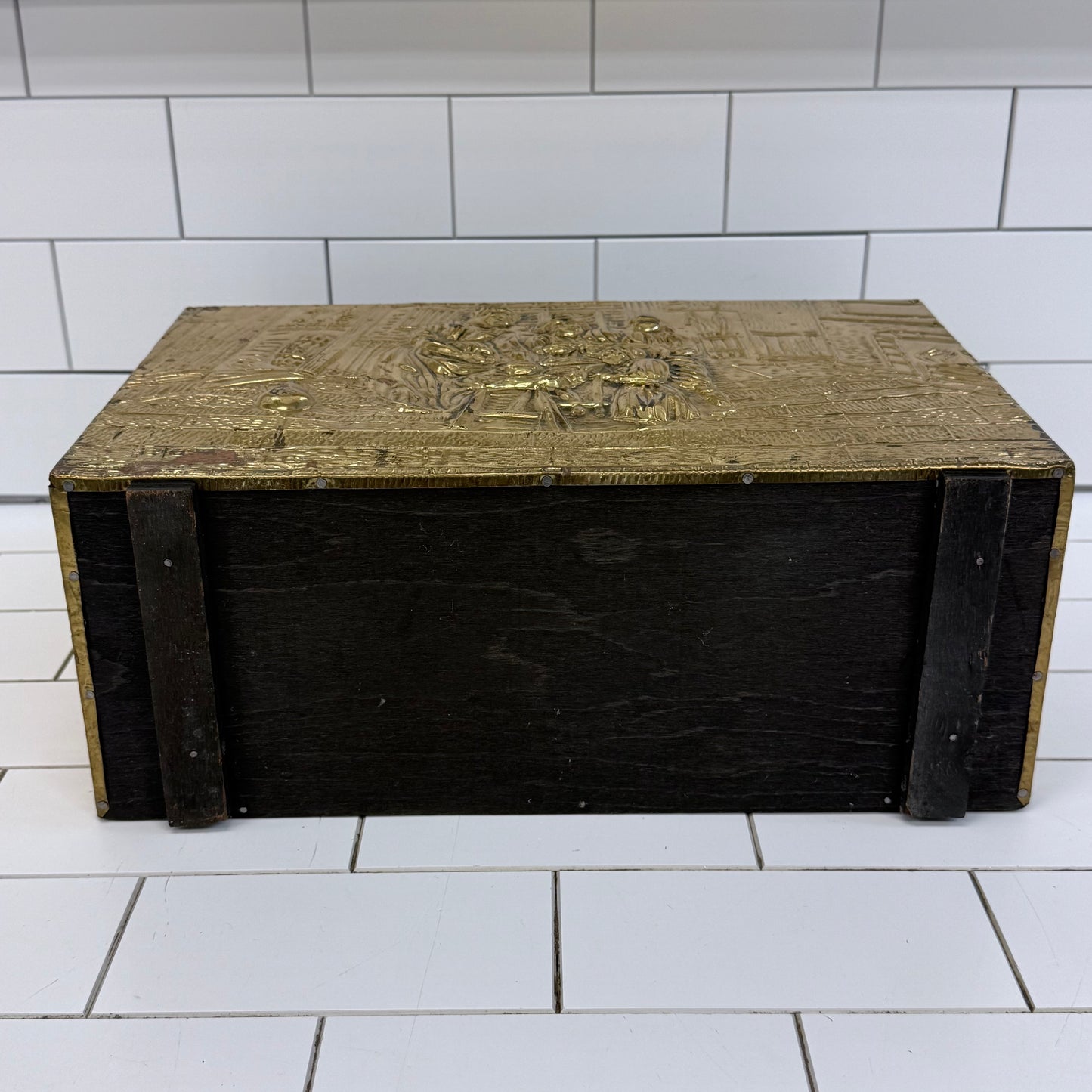 Vintage Embossed Brass & Wood Magazine Rack Old World Scene