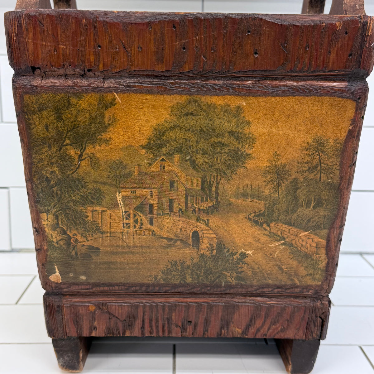 Colonial Americana Wood Wastebasket Scenic Panels