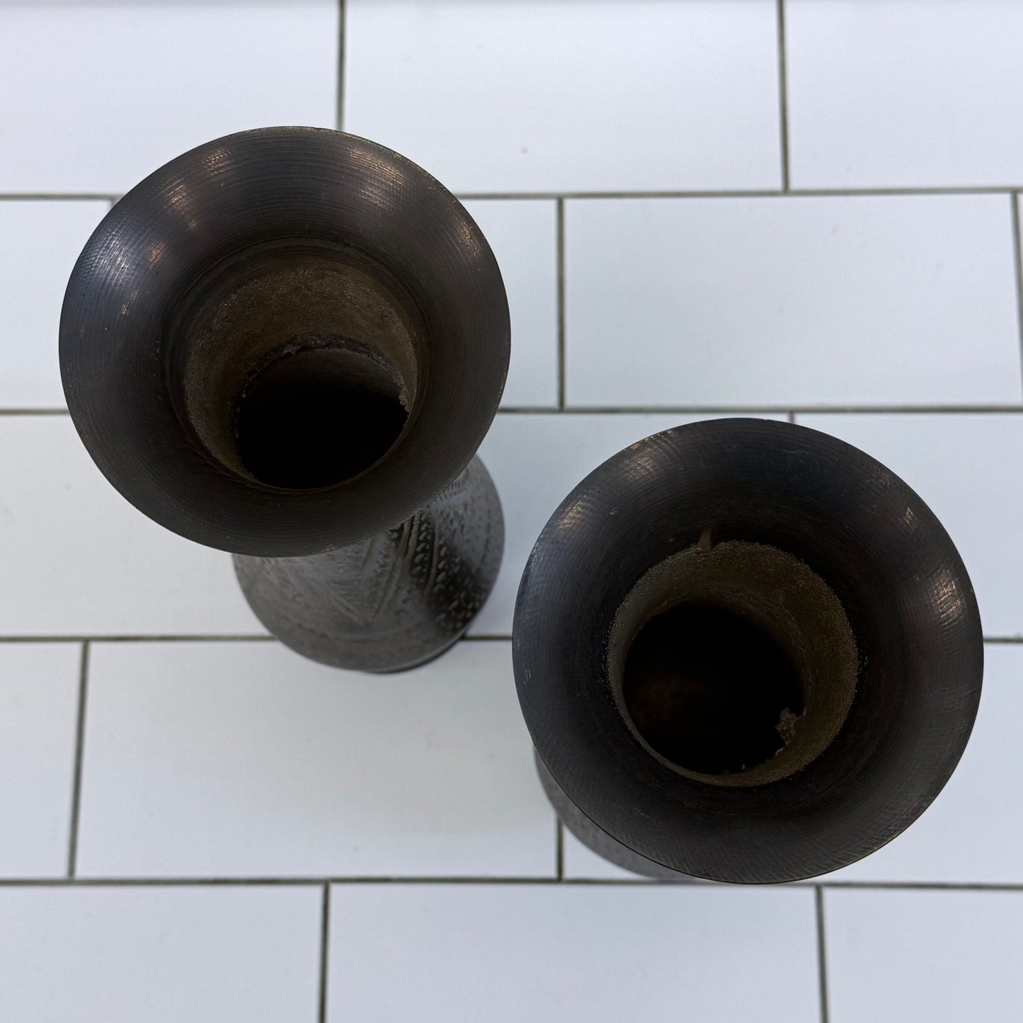 Etched Brass Pedestal Vases Set of 2 Geometric Decor Pair