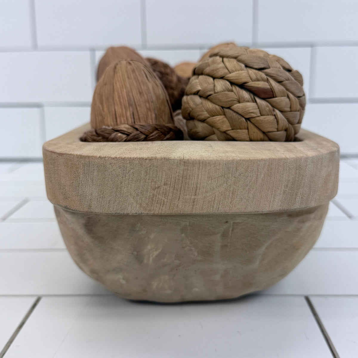 Rustic Trough Bowl & Woven Mushroom Acorn Pine Cones
