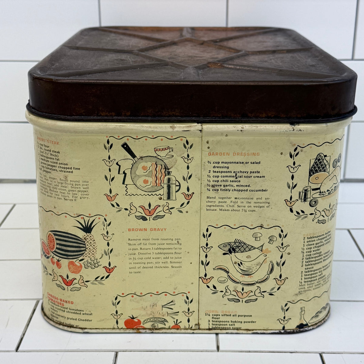 Recipe Print Metal Bread Box Vintage 1950s
