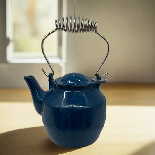 Blue Cast Iron Kettle with Metal Swivel Lid