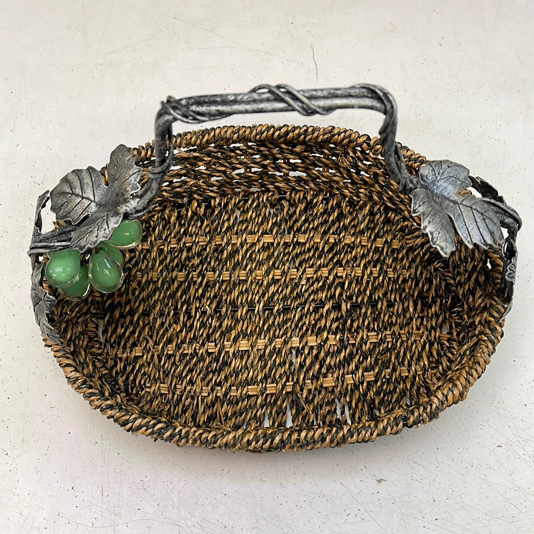 Elegant Woven Basket with Sculpted Metal Handle & Glass Grapes Accent