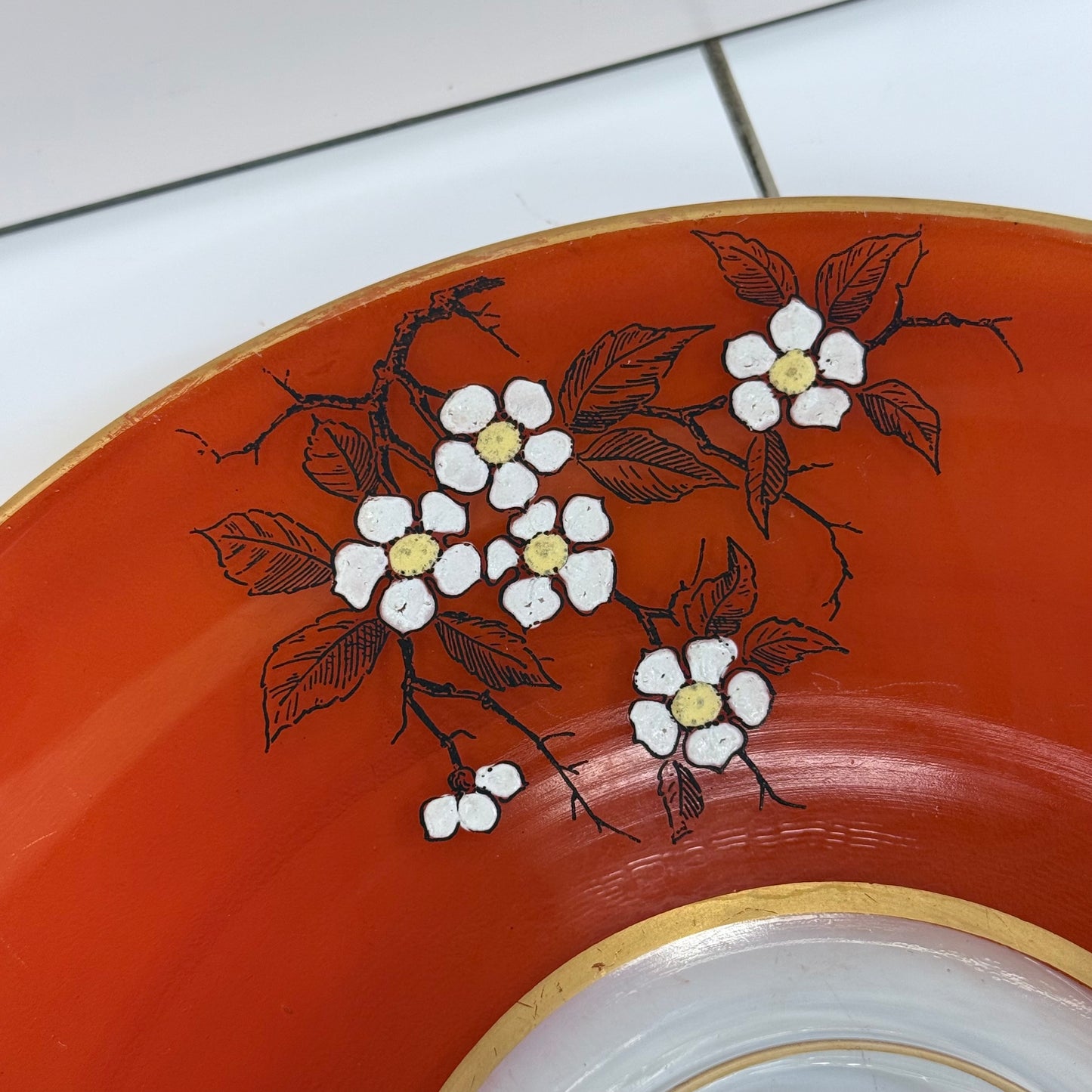 Art Deco Orange Floral Glass Serving Tray 1930s