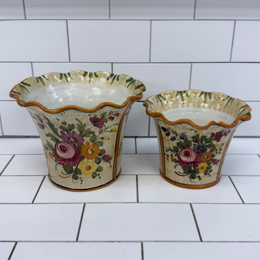Italian Hand Painted Floral Ceramic Planters Set of 2