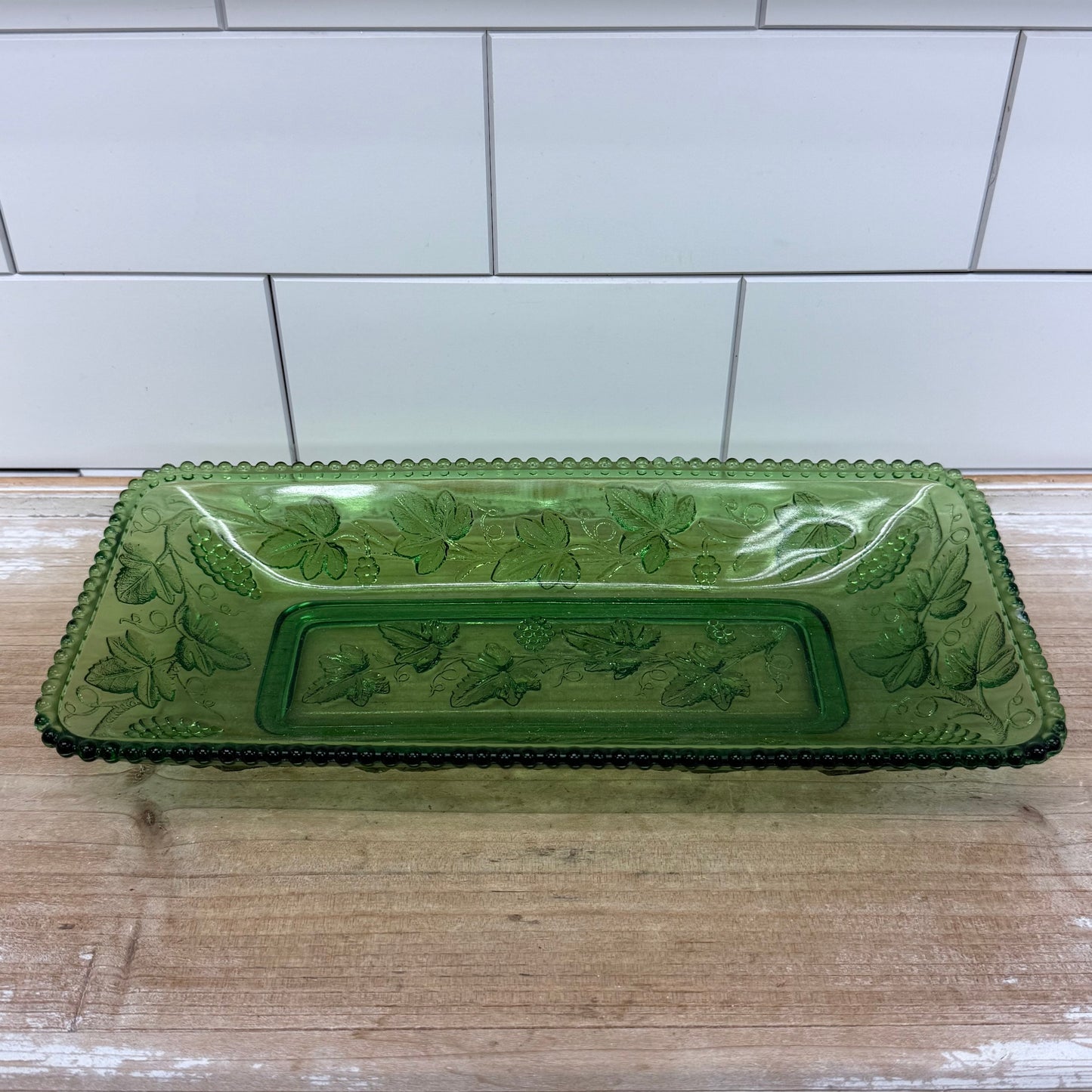Indiana Glass Fruits Green Relish Dish Grape Vine