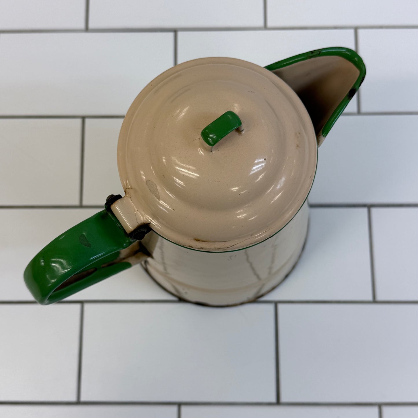 Farmhouse Cream Green Enamelware Coffee Pitcher