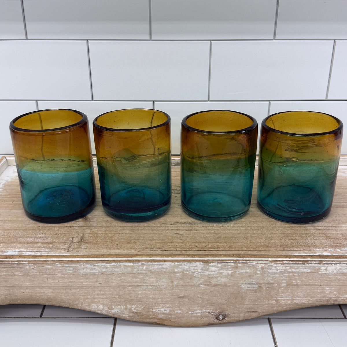 Handblown Ombré Amber Blue Green Art Glass Tumbler Set of 4