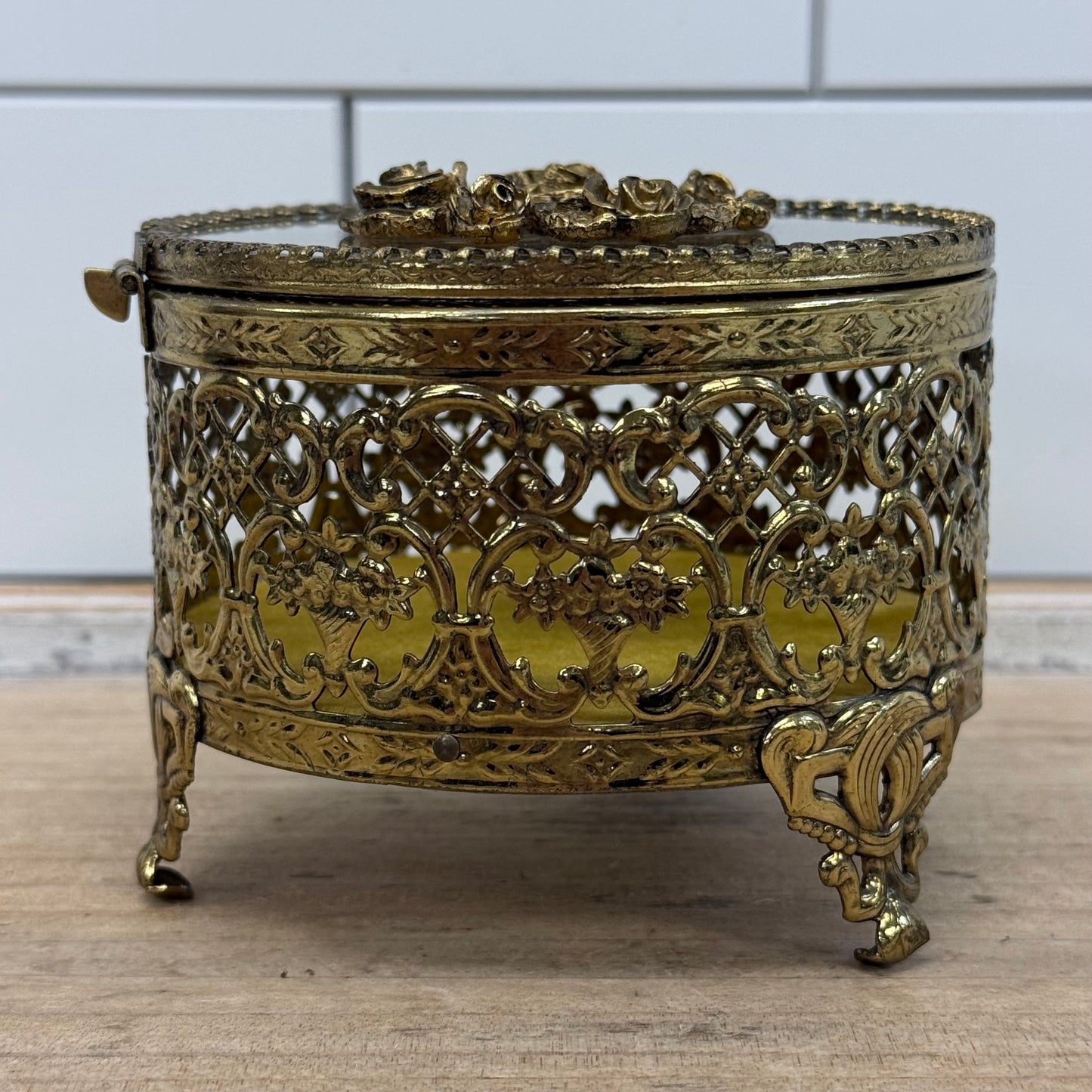 Hollywood Regency Filigree Rose Jewelry Casket Box