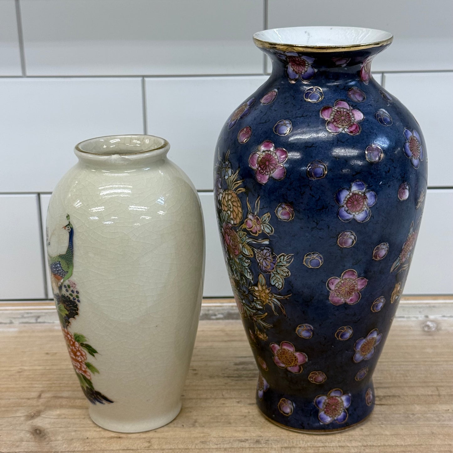 Porcelain Peacock & Floral Vases Set of 2