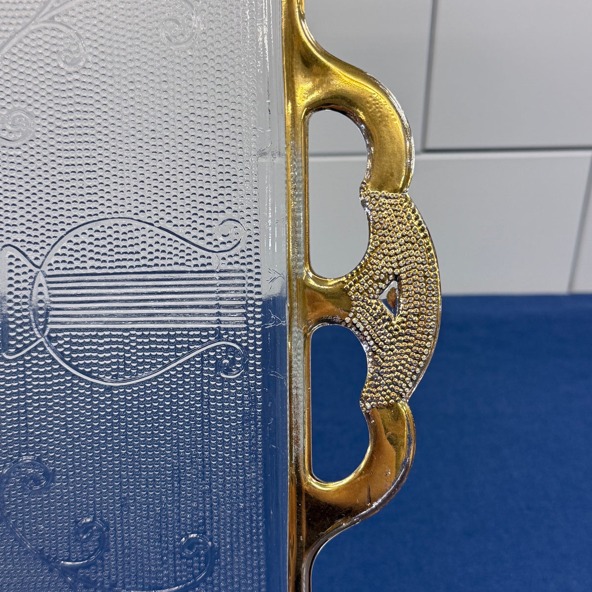 Jeannette Harp Lyre Serving Tray Gold-Trimmed Glass 1950s