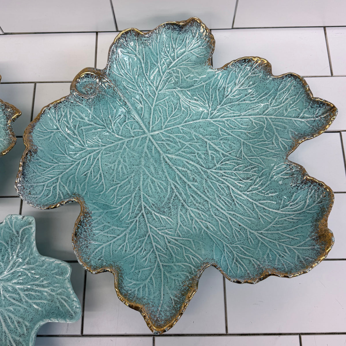 California Originals Turquoise Leaf Bowls Set of 3 Vintage 1960s