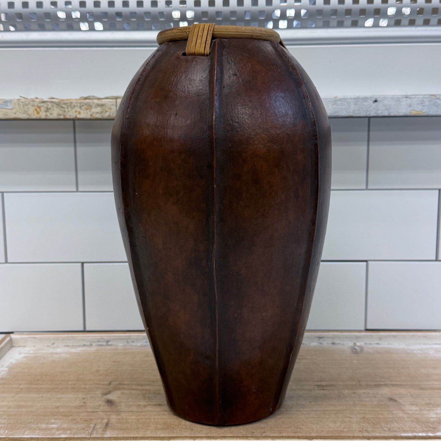 Hand Carved Philippine Wood Vase with Rattan Collar Decorative Vase
