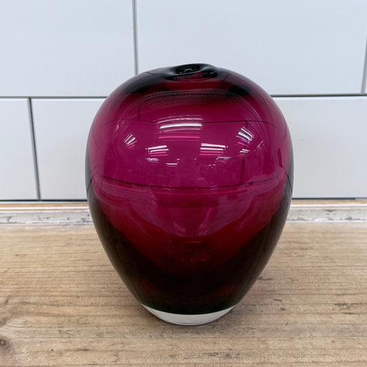 Hand Blown Cranberry Art Glass Lidded Jar Vintage
