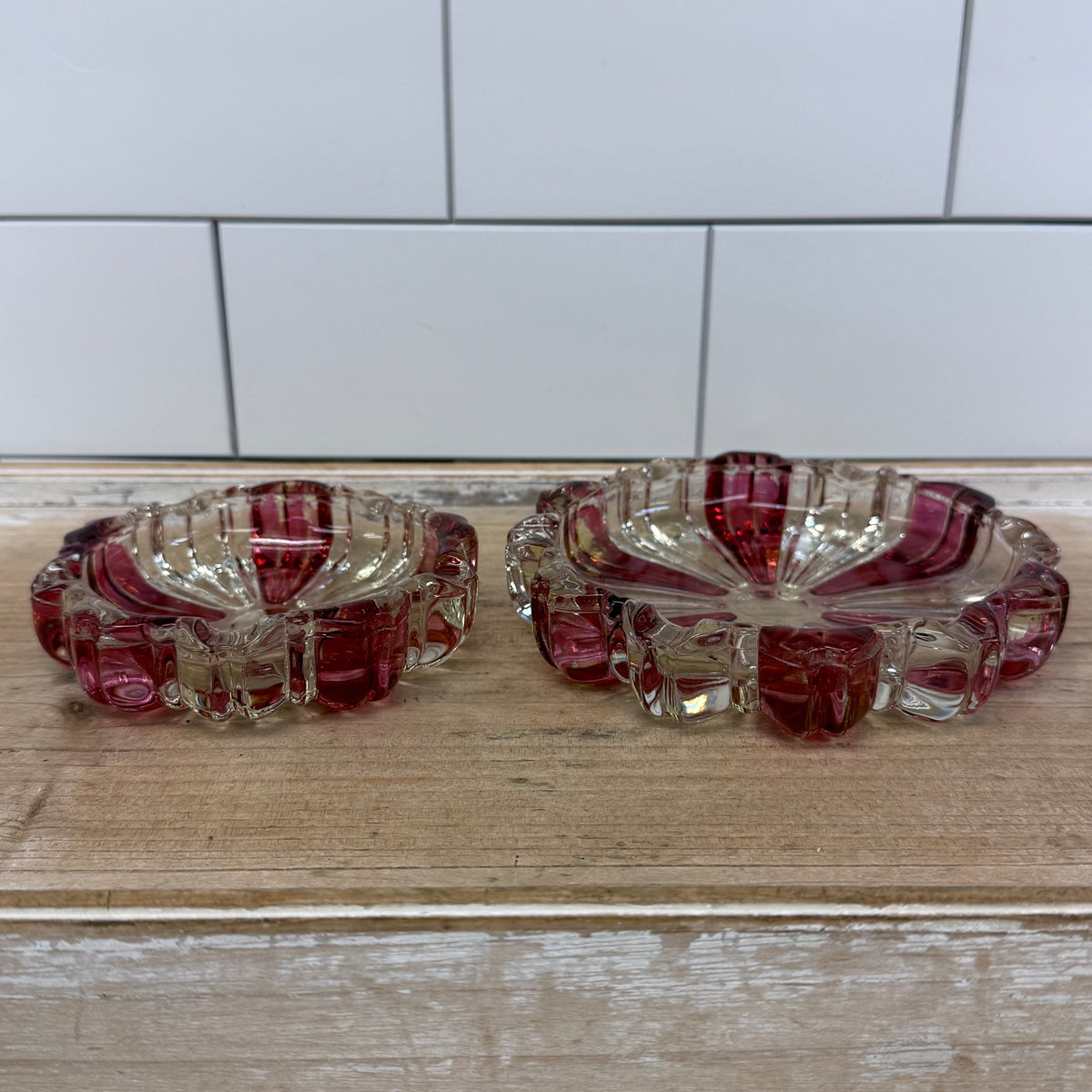 Pink & Clear Glass Scalloped Dishes Set of 4 Vintage 1960s