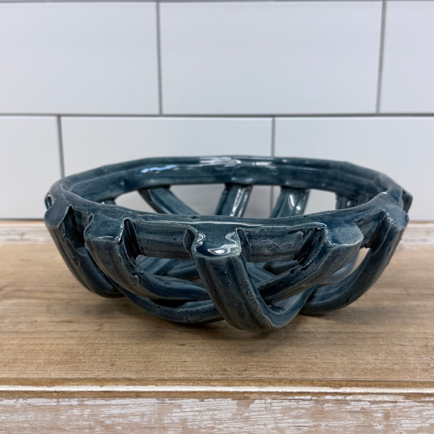 Studio Art Pottery Open Lattice Ceramic Bowl Blue Gray